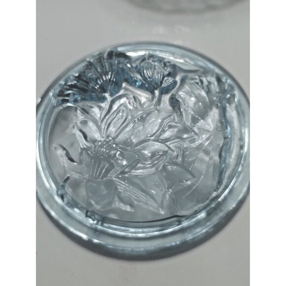 Vintage KIG Blue Glass Lidded Candy Jar Floral Lid Design 4" Tall x 4 1/2" dia. - Picture 2 of 8